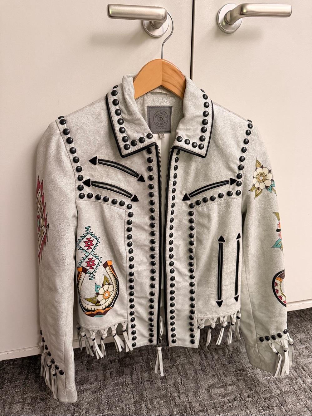 White Embellished Fringe Leather Jacket with colorful  Accents